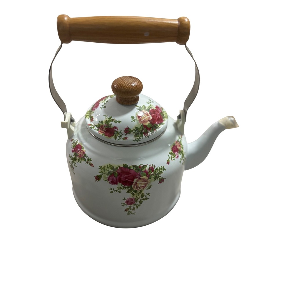 Vintage Royal Albert Tea Kettle White Stovetop Pot Wood Handle Rose Pattern - Picture 8 of 13